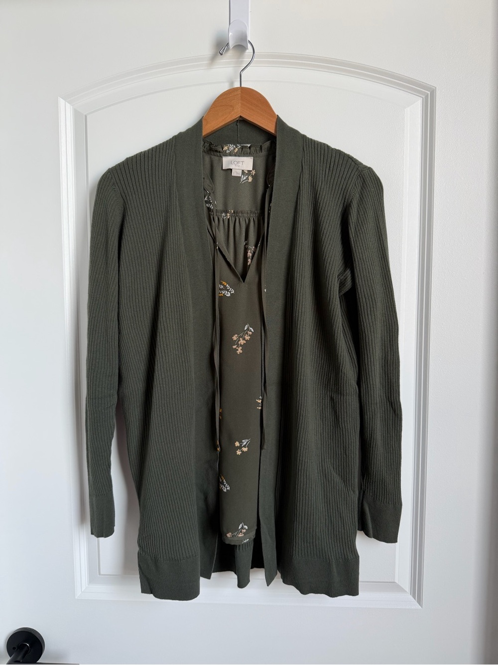 LOFT Outlet Olive Green Floral Ruffle Shell - Picture 6 of 6